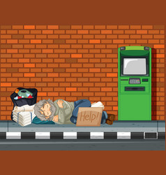 Homeless Man Sleeping Near Atm Machine