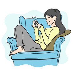 Line Art Woman Using Smartphone On Sofa