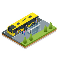 Isometric Yellow City Bus At A Bus Stop People