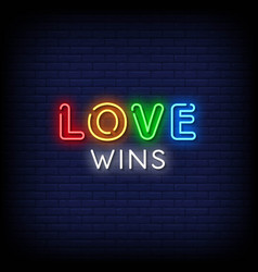 Neon Sign Love Wins With Brick Wall Background Vec