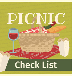 Picnic Check List Basket And Blanket With Wine