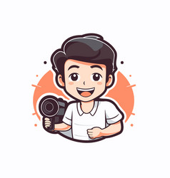 Cute Boy With Video Camera In Cartoon Style