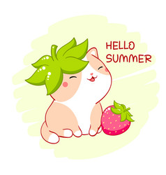 Cute Fat Cat With Strawberry Inscription Hello