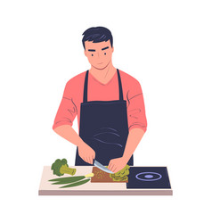 Man Character Cooking At Home Chopping Vegetables