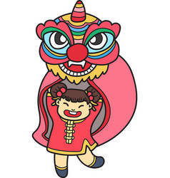 Hand Drawn Chinese Lion Dance With Chinese Girl