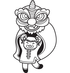 Hand Drawn Chinese Lion Dance With Chinese Girl