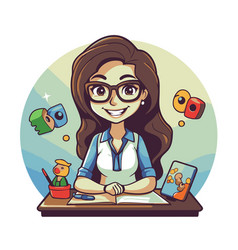 A Female Teacher In Glasses Sitting At Her Desk