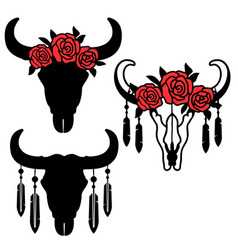 Set Cow Skull Silhouette With Flowers On Head