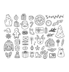 Christmas Items Set In Outline Doodle Style