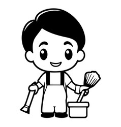 Cute Boy With Paint Brush And Bucket Cartoon