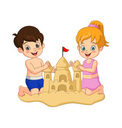 Cartoon Boy And Girl Making Sand Castles