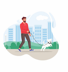 Man Walking With Pet On Leash In City Park Flat