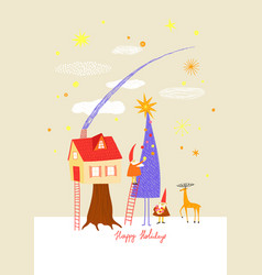 Christmas Greeting Card With Cute Tree House