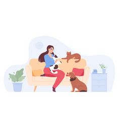 Happy Cartoon Woman Playing With Pets On Sofa At