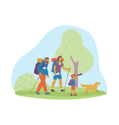 Happy Family With Dog Hiking Through Forest