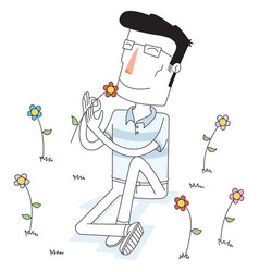 Man Smells A Flower At Flower Garden