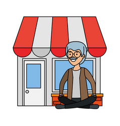 Old Man In Lotus Position With Store Building