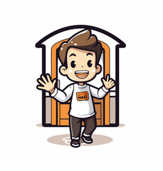 Cute Boy Standing In Front Of Door - Cartoon