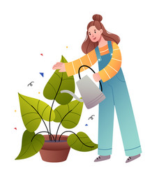 A Girl In Denim Overalls Is Watering Flowers