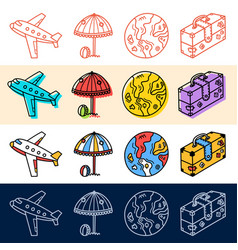 Hand Draw Plane Travel Earth Icon Set In Doodle