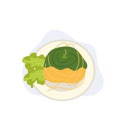 Spaghetti In Pesto Sauce Top View Flat Cartoon