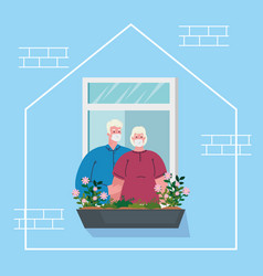 Stay Home House Facade With Window Old Couple