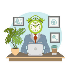 Cartoon Worker With Clock Head Working On Laptop