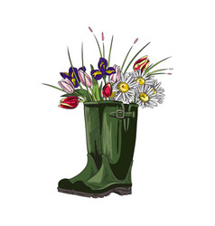 Green Rubber Welly Boots With Bouquet Of Tulips