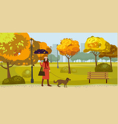 Autumn Park Young Woman Walks With Dog Yellow