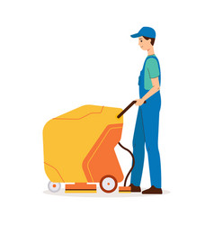 Cleaner Man Using Walk-behind Floor Scrubber