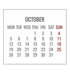 October Year 2020 Monthly White Calendar