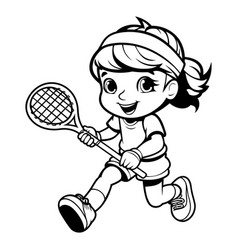 Cute Little Girl Playing Tennis - Black And White