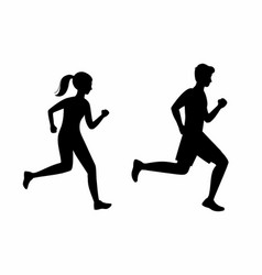 Black Silhouette Of Running Woman And Man Runners