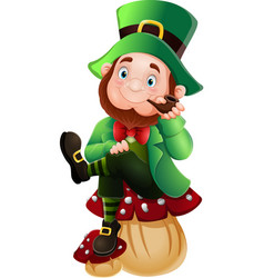 Cartoon Happy Leprechaun Sitting On Mushroom