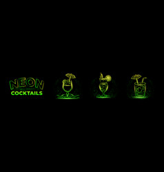 Green Neon Linear Cocktails Icons Set On Black