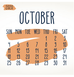 October Year 2020 Paint Stroke Monthly Calendar