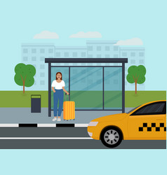 A Young Girl Stands At Bus Stop And Waits