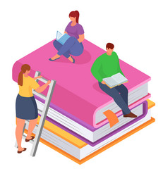 Two Women And A Man Reading Books On Giant Stack