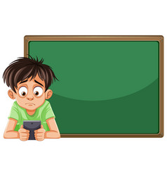 Cartoon Boy Looking At Phone In Front Of Board