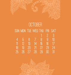 October Year 2020 Monthly Doodle Ornate Calendar