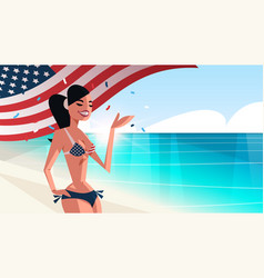 Girl In Bikini With Waving Usa Flag 4th July