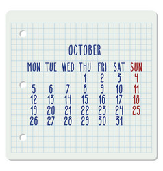 October Year 2020 Monthly Notebook Page Calendar