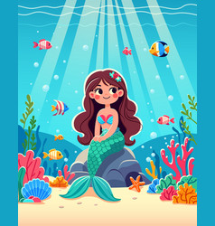 A Stylized Mermaid With Sea Creatures Underwater