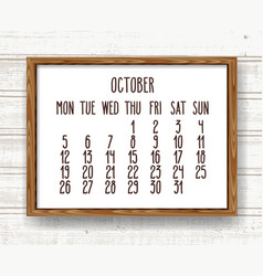 October Year 2020 Monthly Calendar In A Wooden