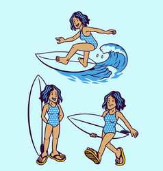 Set Of Retro Style Of Women Surfing