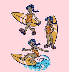 Set Of Retro Tropical Balinese Surfing Girl