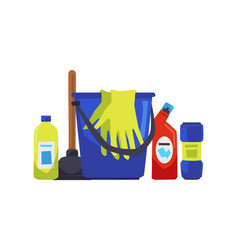 House Cleaning Tools And Detergent Products Flat