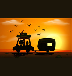 Silhouette Scene With Man Driving Wagon At Sunset