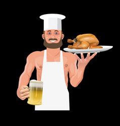 Bartender Holding Beer And Fried Chicken