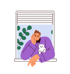 Man And Cat Looking Out Of Open Window Happy Pet